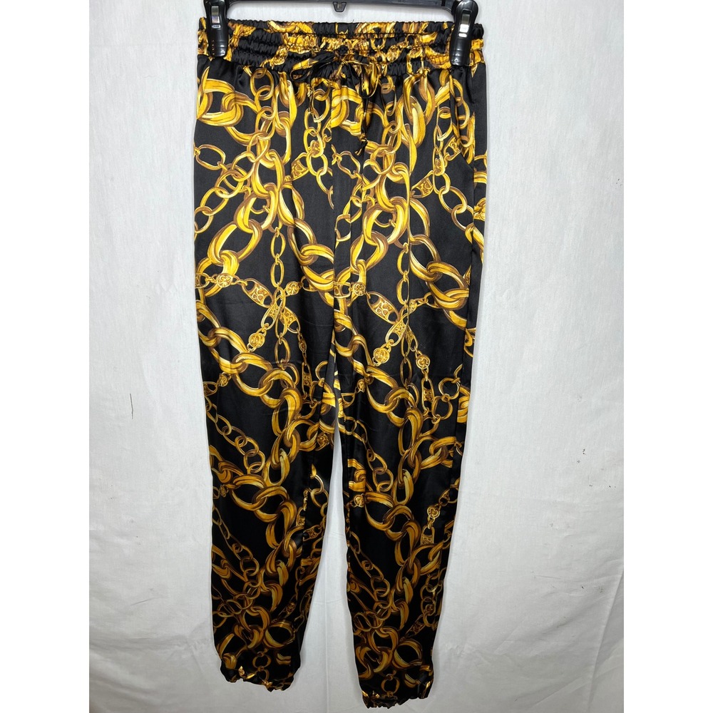 36point5 Womens Gold Chain Print Joggers Black Satin Drawstring Pants Small - Picture 4 of 7